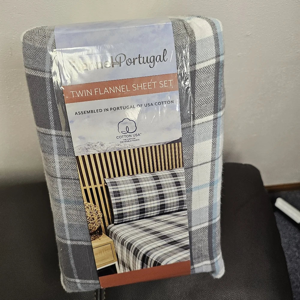 Portuguese Flannel 3-piece Sheet Set, Twin, NWT, gray plaid